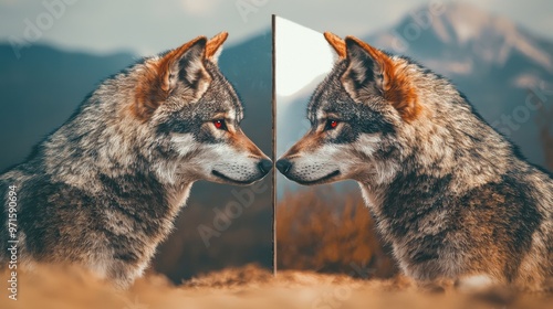 Wallpaper Mural Wolves in the Mirror: A mirror split down the middle, reflecting two versions of the same wolf Torontodigital.ca