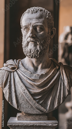 Ancient bust of Zeno of Citium, showcasing intricate inscriptions and details photo