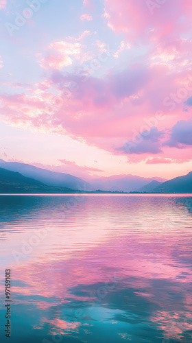 Calm lagoon with soft pink and purple clouds in sky, reflecting on water