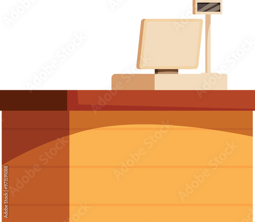Illustration featuring an empty cash register standing on a wooden countertop, depicting a point of sale in a retail environment