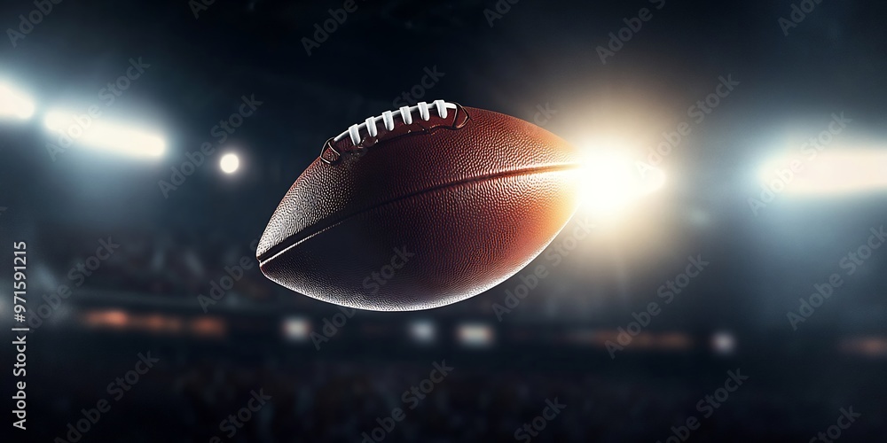 A football floating in the air with stadium lights shining on it A football floating in the air with stadium lights shining on it