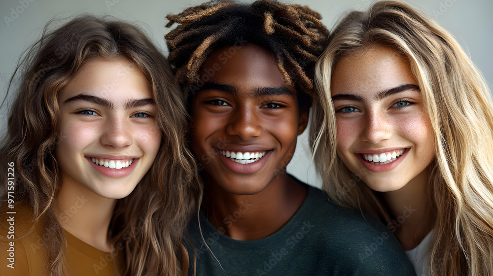 Three smiling young individuals with diverse features posing together in a friendly manner. Three smiling young individuals with diverse features posing together in a friendly manner.