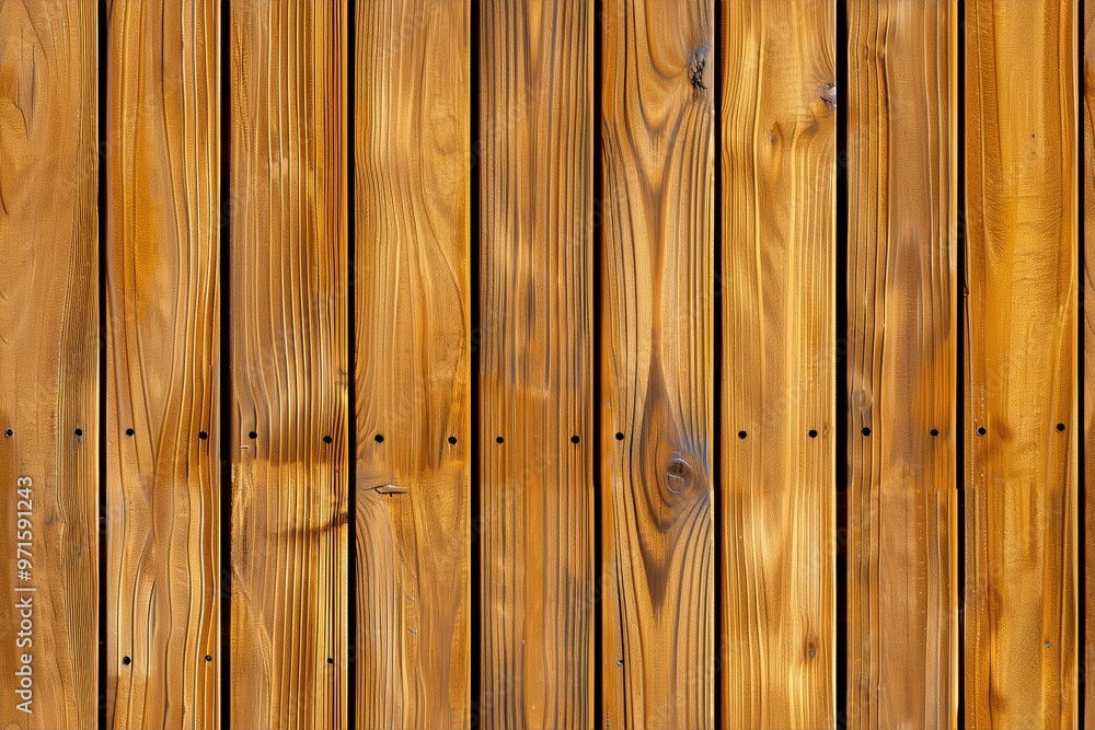 Fototapeta premium Wooden panel wall with vertical planks, showcasing natural wood grain patterns and a warm golden hue.
