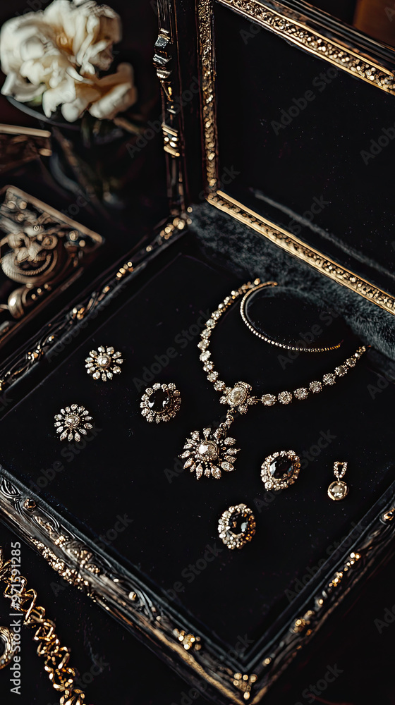 Elegant jewelry display featuring necklaces, earrings, and rings Elegant jewelry display featuring necklaces, earrings, and rings