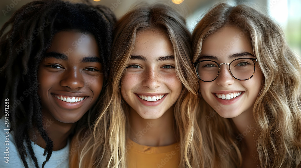 Three smiling young people posing together, showcasing friendship and joy. Three smiling young people posing together, showcasing friendship and joy.