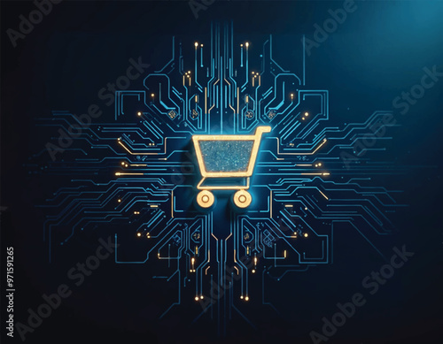 a shopping cart icon in the middle with a circuit board designs arround on dark blue background