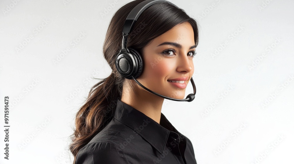 Smiling Woman in Black Shirt Wearing a Headset, headshot , woman , professional , communication Smiling Woman in Black Shirt Wearing a Headset, headshot , woman , professional , communication