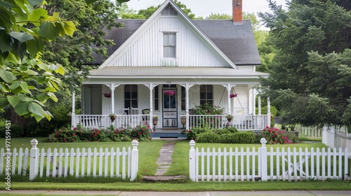 White picket fence and house with porch