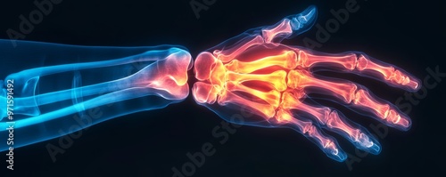 X-ray of a human hand showing wrist and finger bones photo