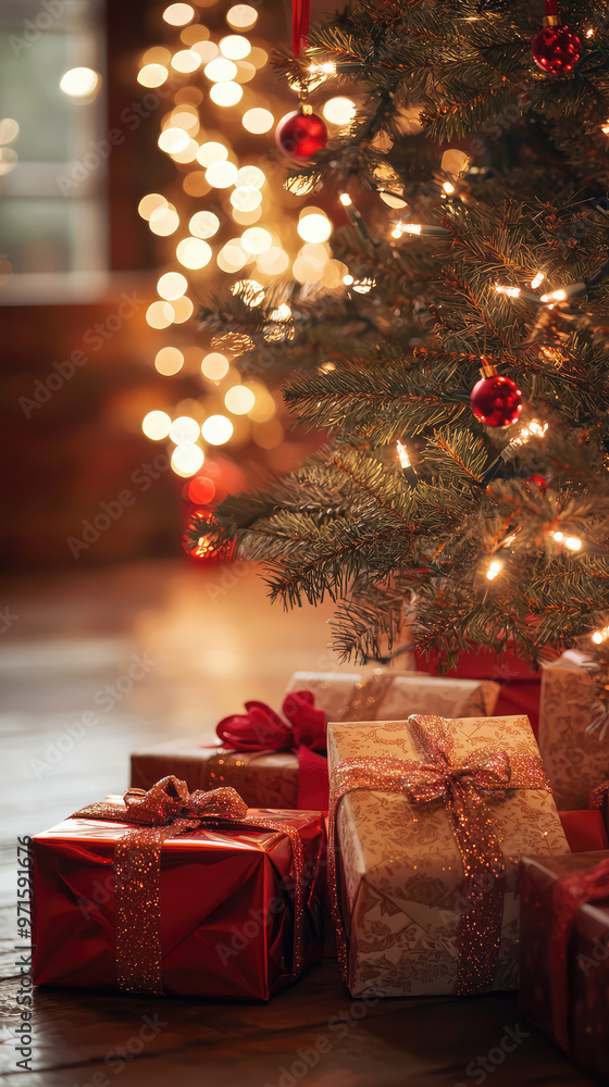 Christmas gifts under tree with twinkling lights create warm atmosphere Christmas gifts under tree with twinkling lights create warm atmosphere