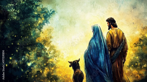 The Journey to Bethlehem Watercolor Painting of a Family with a Donkey, Bethlehem , Nativity , Christmas photo