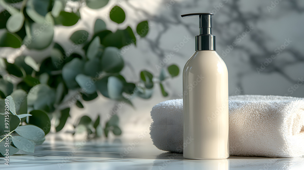 Shampoo Bottle on Marble with Towels Shampoo Bottle on Marble with Towels