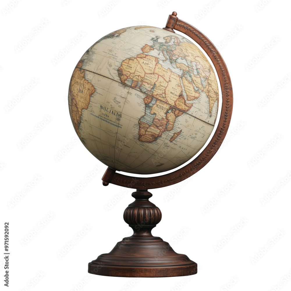 Vintage globe on a wooden stand isolated on transparent background representing world exploration