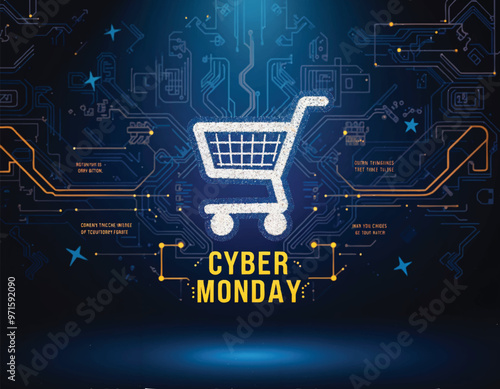 a poster that says cyber monday on it with glittery shopping cart icon and circuit board on wall