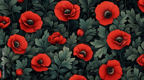 Wallpaper Mural Floral pattern with red poppies and dark green leaves generative ai Torontodigital.ca