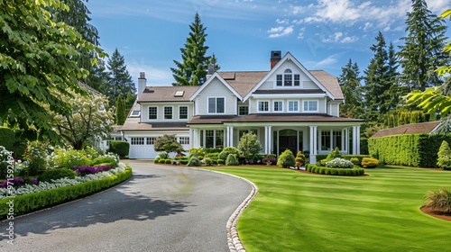 Luxury Home with Curved Driveway and Lush Landscaping