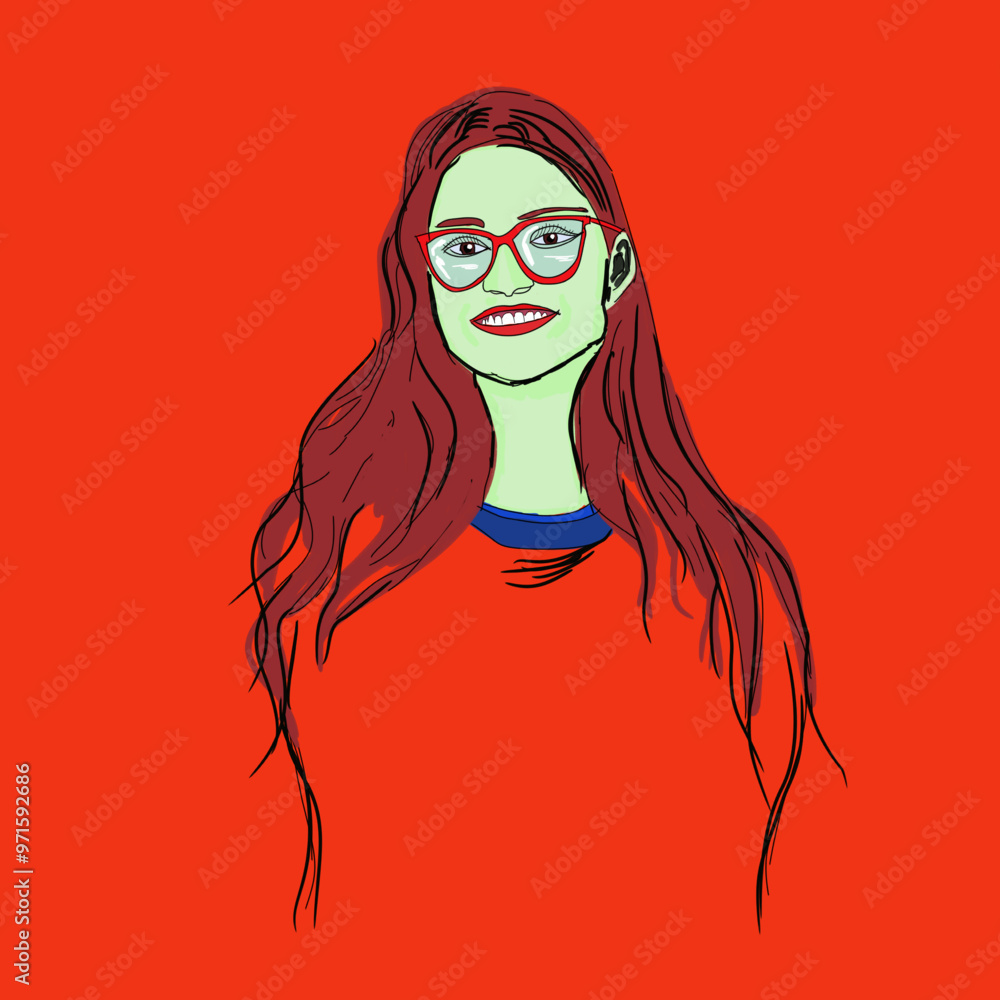 Vector illustration of a woman. Drawing of a woman. Portrait, abstract drawing. A woman with brown hair and red glasses. Portrait, woman, girl. Red background Vector illustration of a woman. Drawing of a woman. Portrait, abstract drawing. A woman with brown hair and red glasses. Portrait, woman, girl. Red background