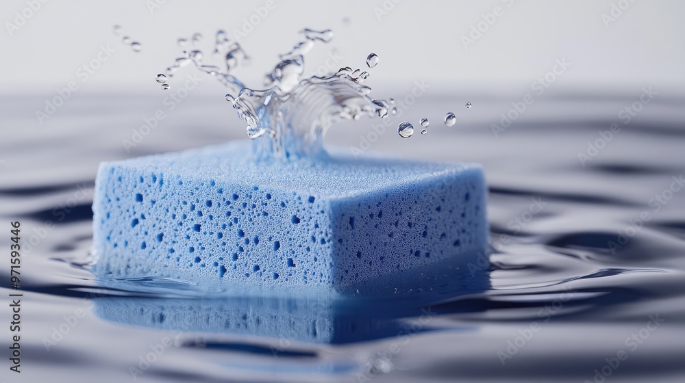 Blue Sponge Absorbing Water.