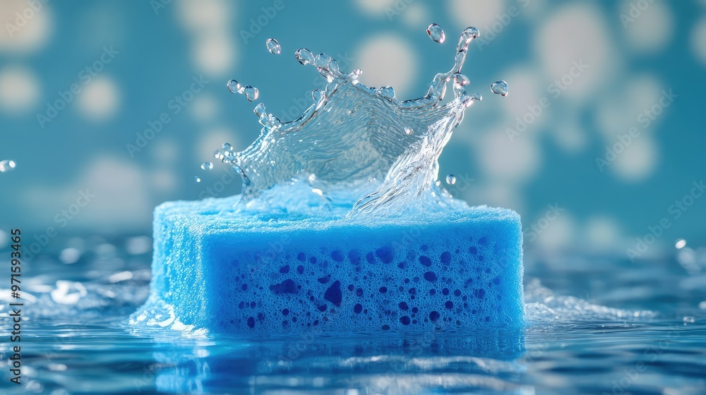 Blue Sponge Absorbing Water. Blue Sponge Absorbing Water.