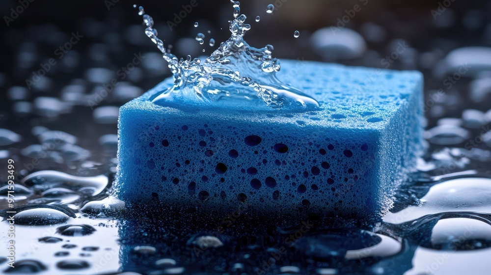 Blue Sponge Absorbing Water. Blue Sponge Absorbing Water.