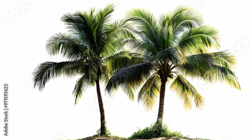 Two lush palm trees with green fronds against a white background.