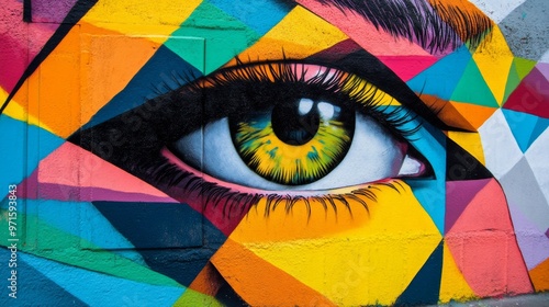 Colorful abstract eye street art mural is looking at you