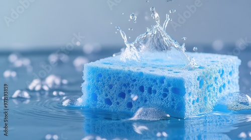 Blue Sponge Absorbing Water.
