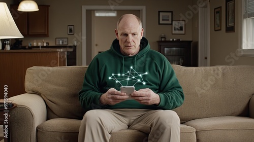 A bald, middle-aged man intently examines his phone while seated on a couch in a dimly lit living room, with glowing connection lines emanating from the device