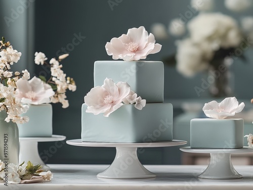 Delicate Floral Cake A LowAngle View of a TwoTiered Pale Blue Cake Adorned with Delicate Porcelain Flowers on a White Pedestal photo