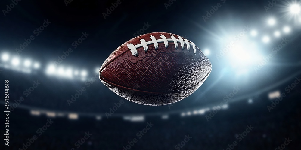 A football floating in the air with stadium lights shining on it A football floating in the air with stadium lights shining on it