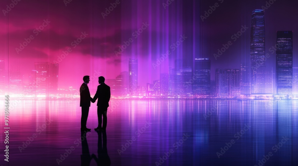 Two businessmen shaking hands in front of a city skyline at night. The cityscape is lit up with neon lights and the sky is a vibrant pink and purple. Two businessmen shaking hands in front of a city skyline at night. The cityscape is lit up with neon lights and the sky is a vibrant pink and purple.