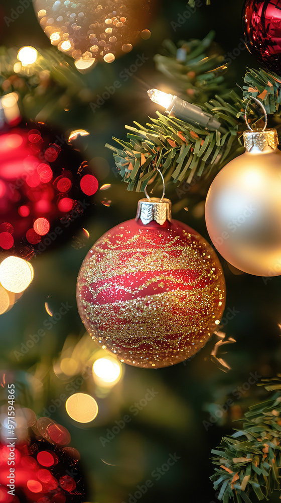 Close up of Christmas ornaments on tree with soft twinkling lights, creating festive atmosphere Close up of Christmas ornaments on tree with soft twinkling lights, creating festive atmosphere