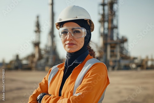 Confident female engineer is posing with her arms crossed in an oil refinery