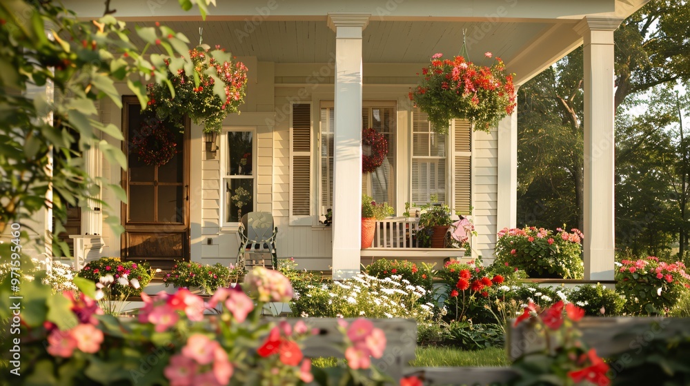 Fototapeta premium Front porch of a charming white house with lush greenery and flowers
