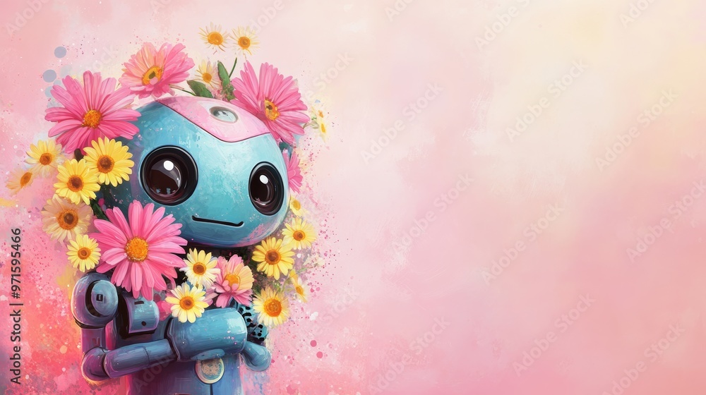 Fototapeta premium Cute robot holding pink and yellow flowers on pink background