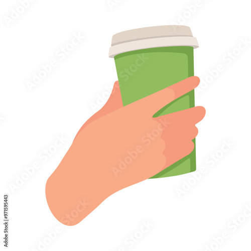 Hand Hold Paper Takeaway Mug or Cup with Tea or Coffee Vector Illustration