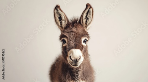 Adorable baby donkey posing on neutral background