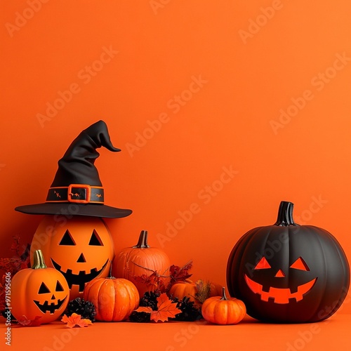 Orange halloween background with pumpkins in witch hat photo