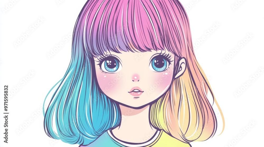 Illustration of a cute girl with colorful pastel hair. Rainbow-themed portrait with a white background. Anime-inspired artwork. Illustration of a cute girl with colorful pastel hair. Rainbow-themed portrait with a white background. Anime-inspired artwork.