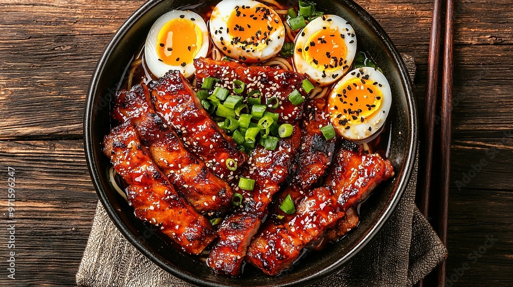 A plate with meat & eggs on a wooden table, next to chopsticks A plate with meat & eggs on a wooden table, next to chopsticks