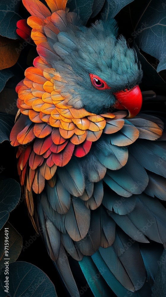 Fototapeta premium Colorful parrot resting in tropical leaves