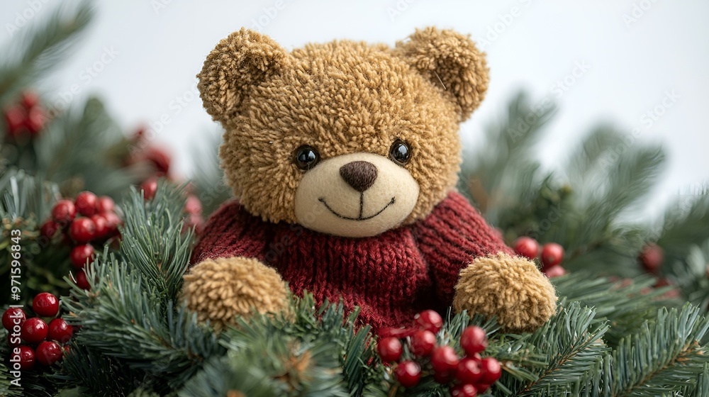 a teddy bear in a red sweater surrounded by pine branches. a teddy bear in a red sweater surrounded by pine branches.