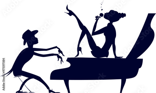 Couple musicians. Singer woman and pianist man. 
Duet of musicians. Singer woman sitting on the piano and pianist man. Black on white silhouette
