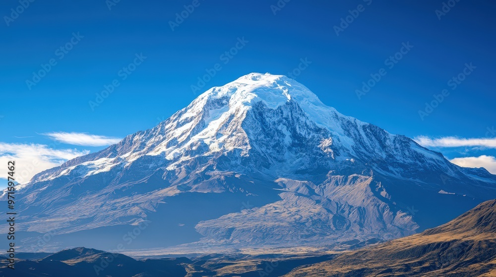 Majestic Snow-Capped Mountain Peak in a Clear Blue Sky with Scenic Landscape Below