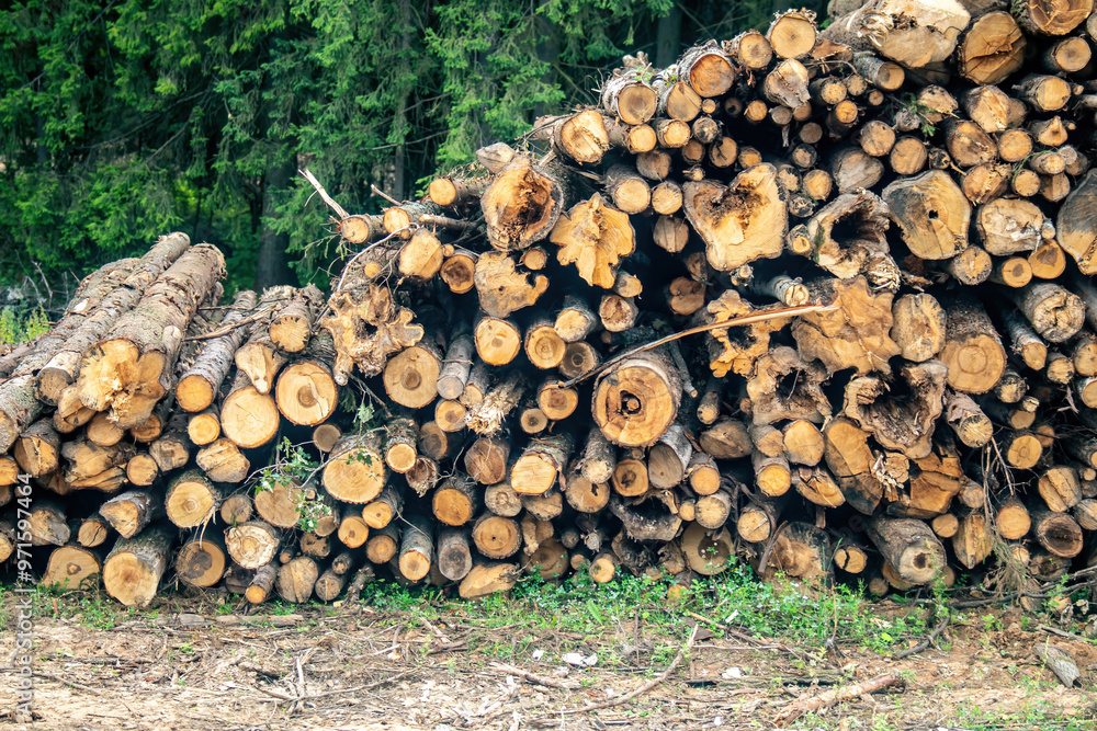 serene landscape featuring felled trees neatly stacked alongside a rural road, illustrating human interaction with nature and the cycle of life in the forest