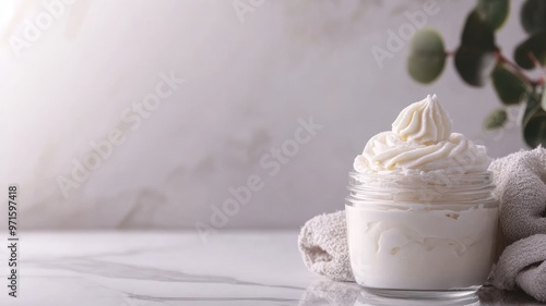 A glass jar filled with whipped soap made with shea butter, styled with soft textures on a minimalist marble surface photo