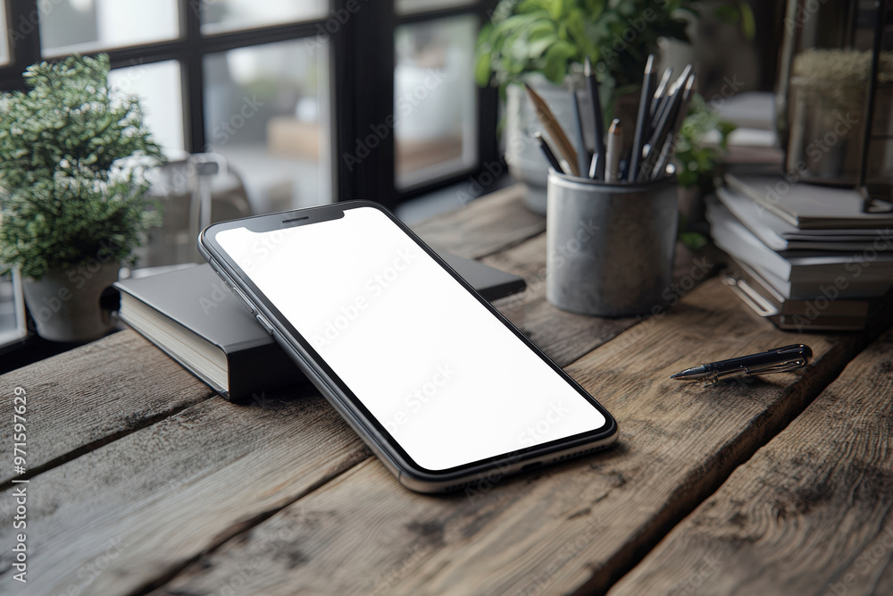 Smartphone with empty screen mockup, glasses, vase with green plants on beige wooden table background with natural floral sunlight shadows. Smartphone with empty screen mockup, glasses, vase with green plants on beige wooden table background with natural floral sunlight shadows.
