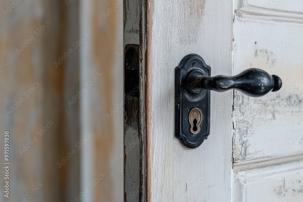 A focused shot showcasing a rustic, black door handle on a weathered white door. The close-up highlights the vintage look and old-world charm of the setup. A focused shot showcasing a rustic, black door handle on a weathered white door. The close-up highlights the vintage look and old-world charm of the setup.