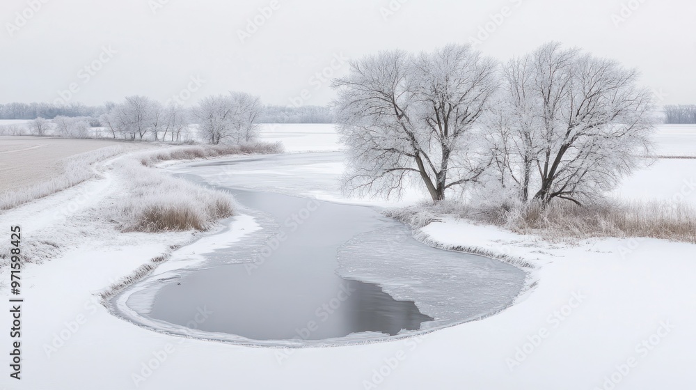 Obraz premium A serene winter landscape featuring a frozen river and snow-covered trees.