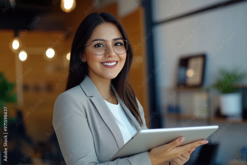 A happy young Hispanic businesswoman standing in the office, holding a tablet and looking away with confidence. A happy young Hispanic businesswoman standing in the office, holding a tablet and looking away with confidence.